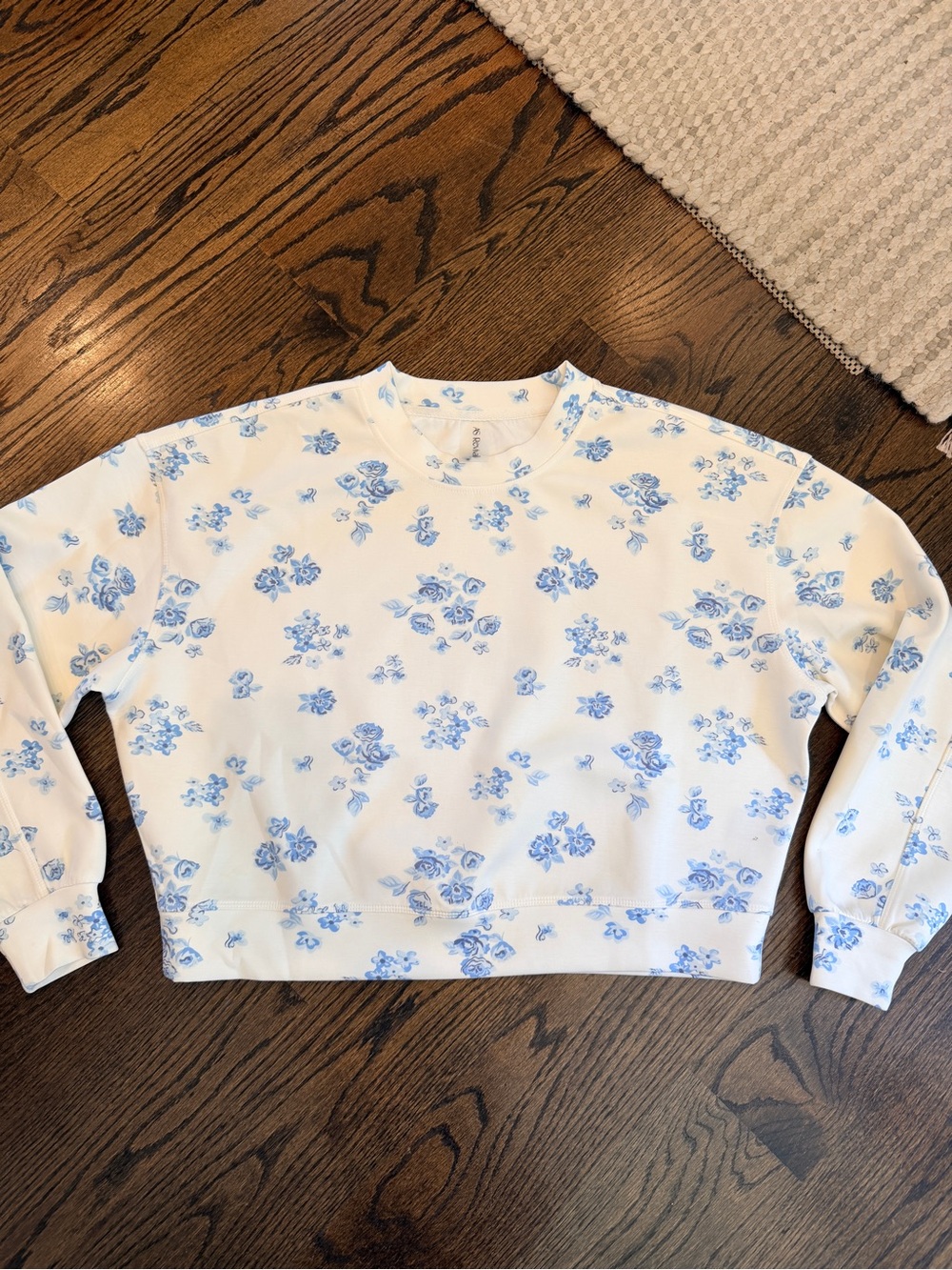 Altar'd State Cream Crewneck Sweater with Blue Floral Motif